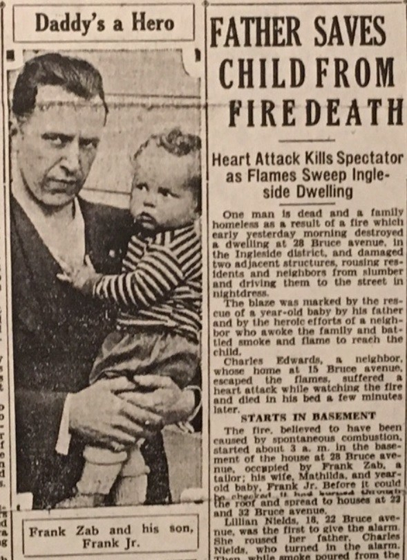 Frank Zabrowski (going by Frank Zab) saves his son Frank from a house fire